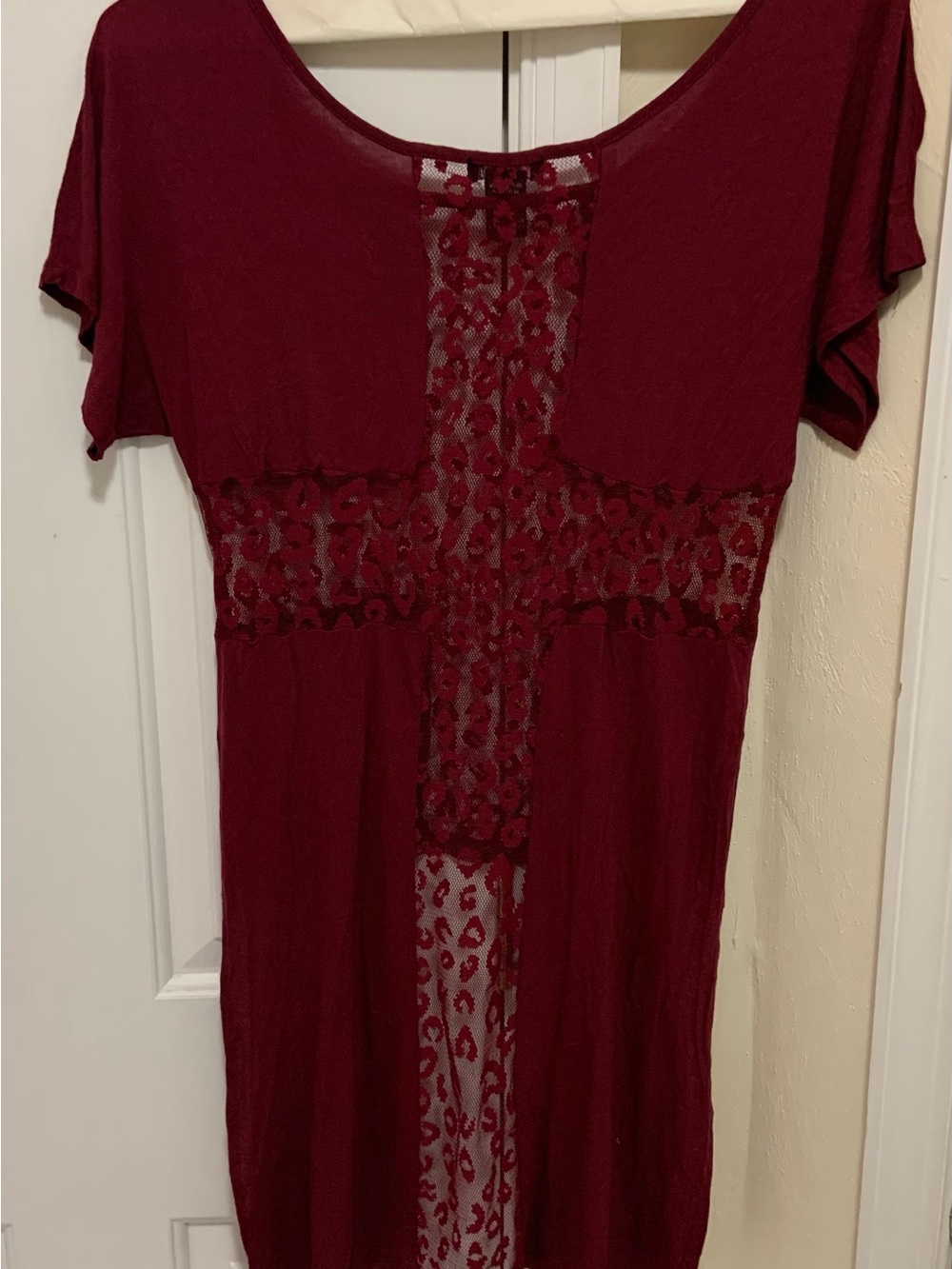 Women's Burgundy Lace-Panel Short Sleeve shirt